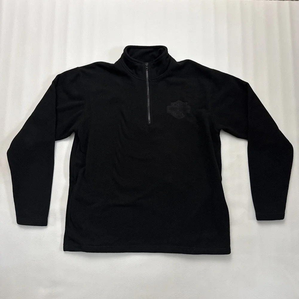 Harley Davidson Mens Long Sleeve Fleece Pullover Black Size Lg Quarter Zip Y2K